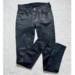 7 For All Mankind Coated‎ Denim Skinny Jeans Black Gold Hardware Size 25